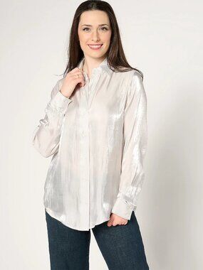 Satin-Glow Button-Down Shirt in Silver